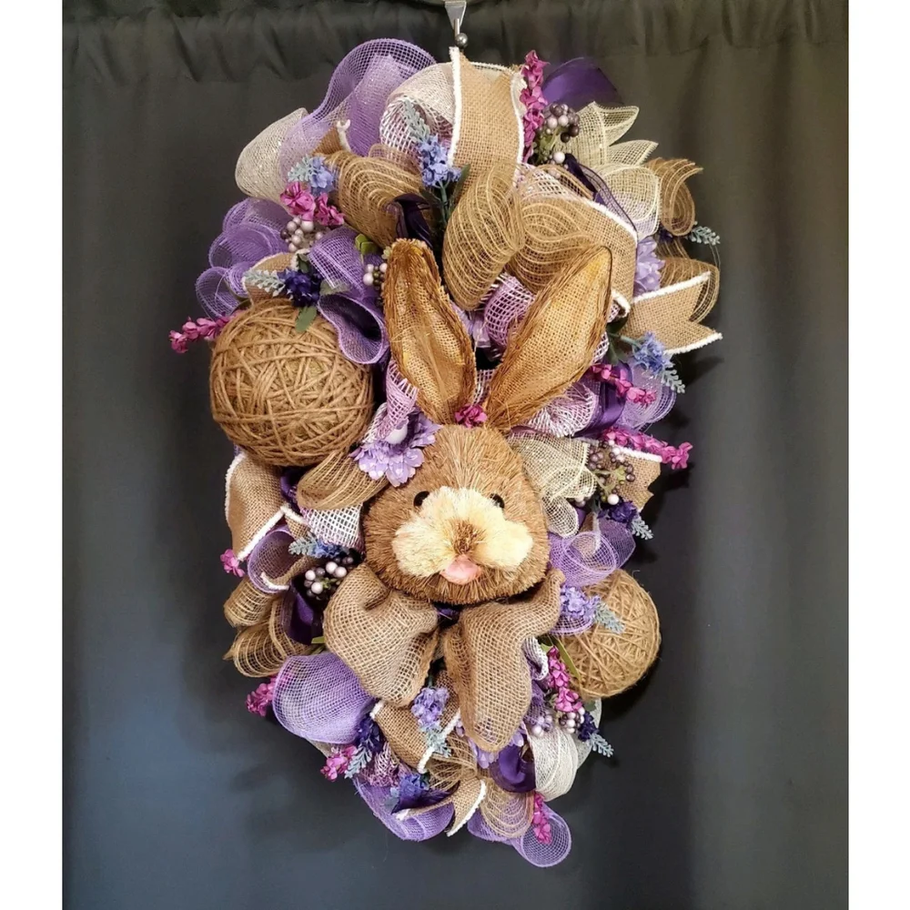 Easter Bunny Bow Ribbon Wicker Purple Handmade Wreath Decor 29